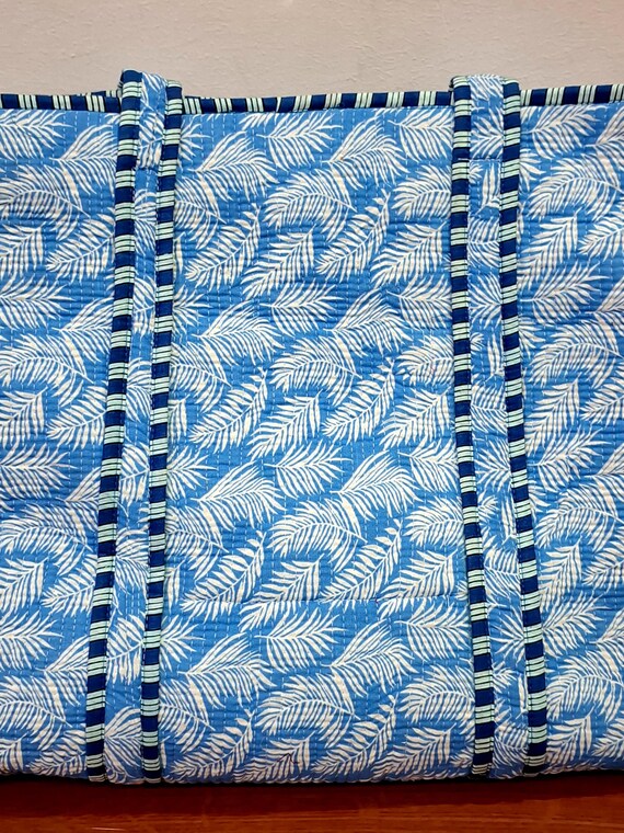 Blue Floral Print Quilted Tote Bag,shopping Bag,shouder Bag,large