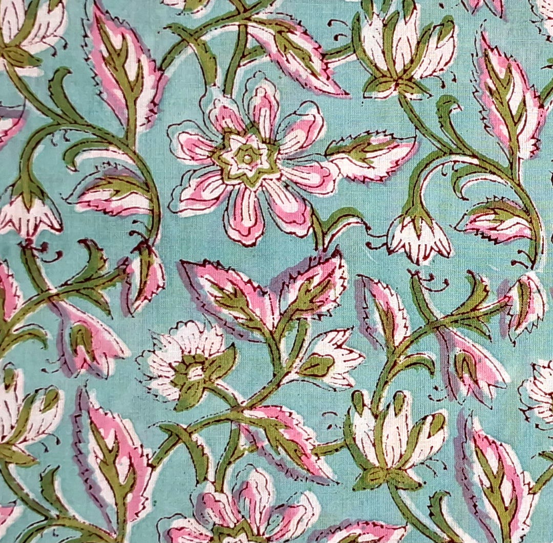 Green Floral Block Print by the Yard Indian Fabric,dressmaking Fabric ...