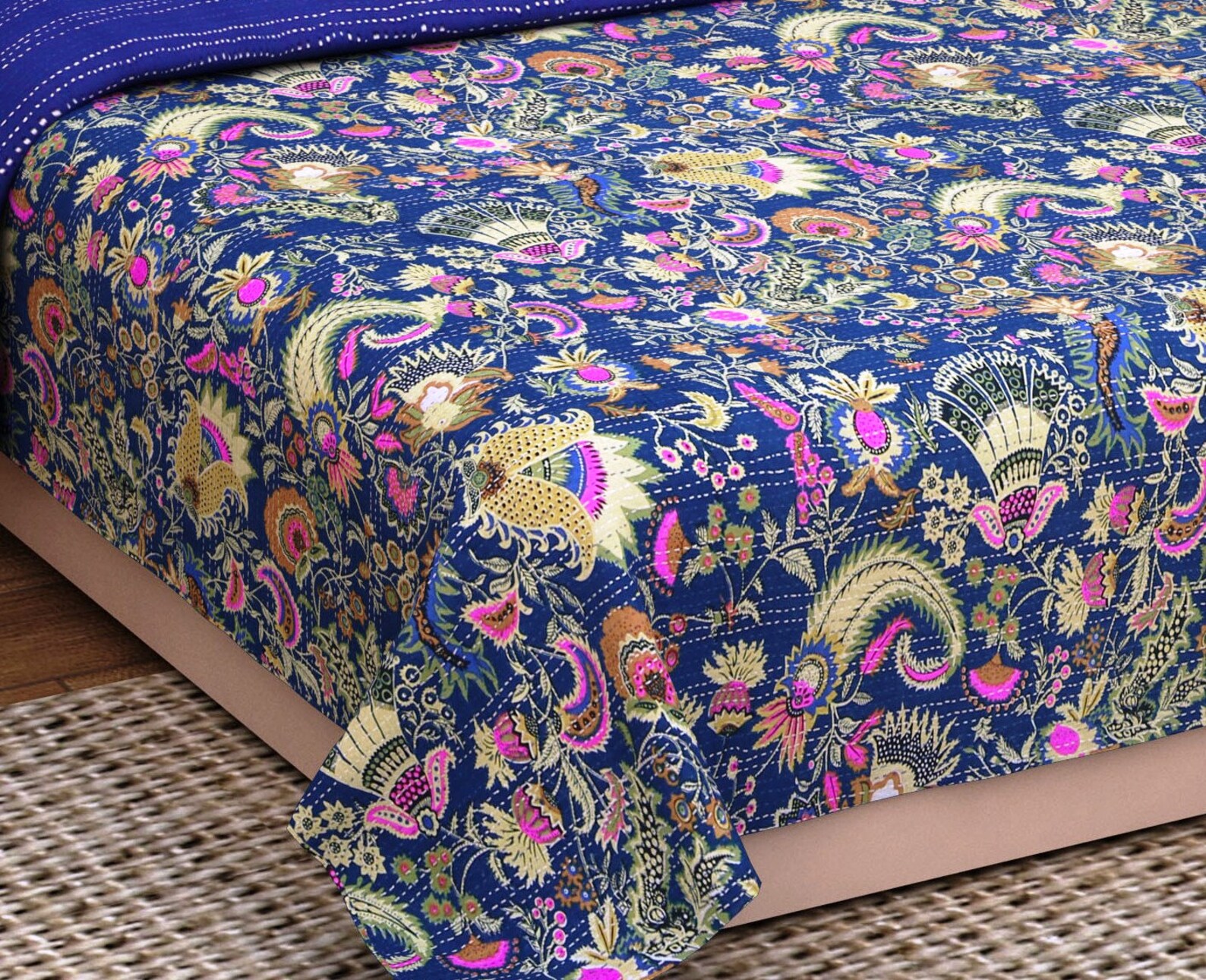 Navy Blue Bedspread King Sizefloral Printindian Kantha Etsy