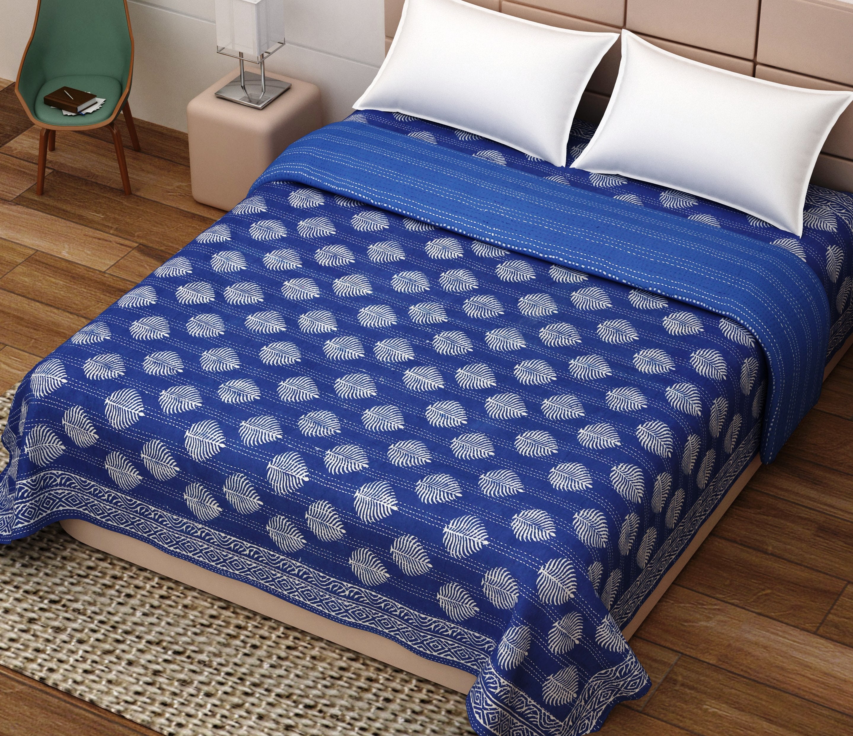 Navy Blue Bedspread King Sizeleaf Printindian Kantha Etsy UK
