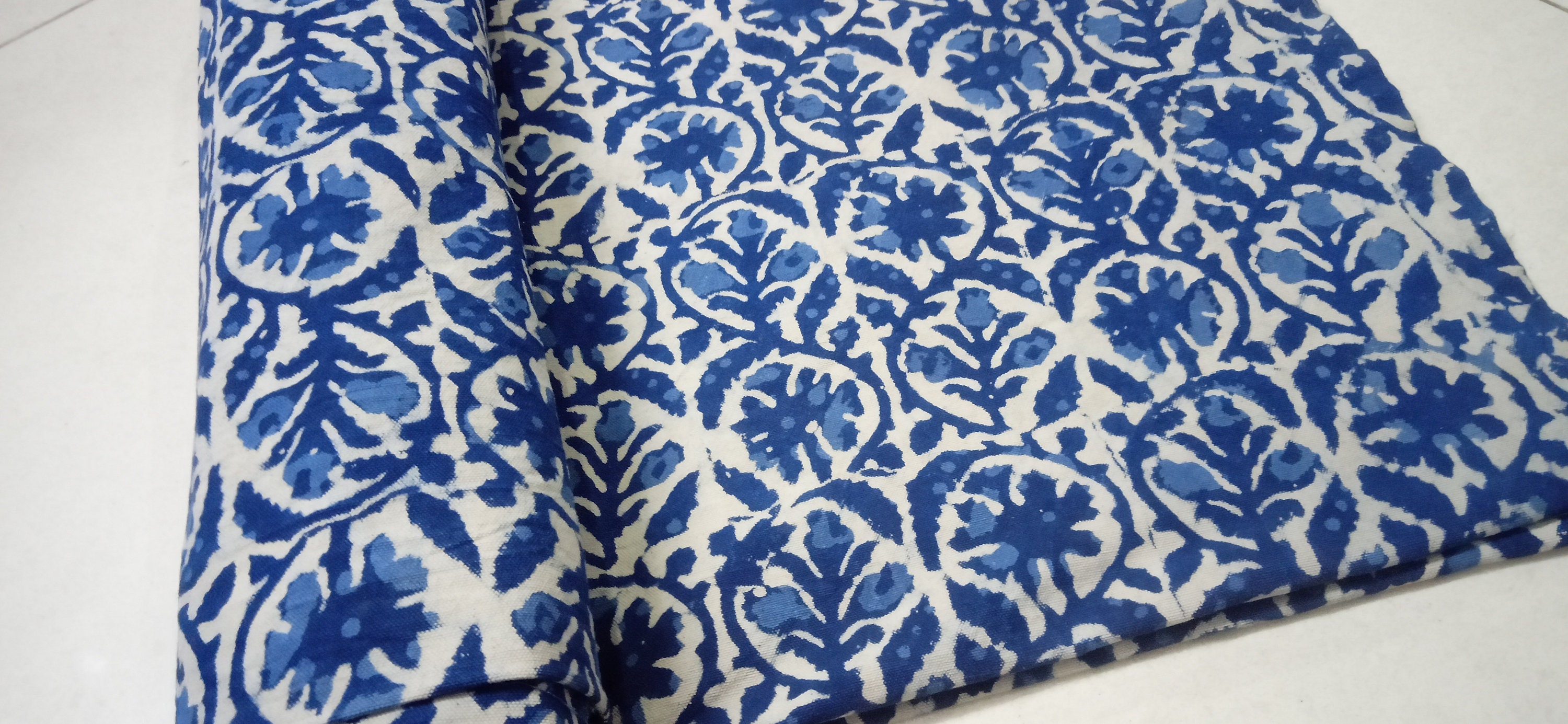 Indigo Blue Canvas Fabric Block print fabric Floral print Etsy