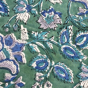 Green Blue Block Print Fabric,Floral Print Fabric By the Yard,Upholstery Fabric,Quilting Fabric,Curtain Fabric,Indian Cotton Fabric