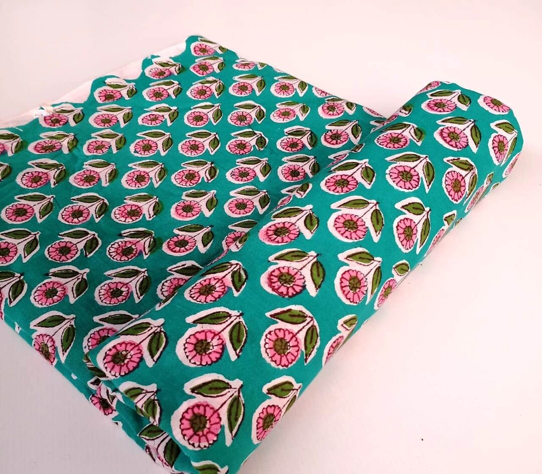 Green Indian Block Print Fabric,floral Print Fabric,dress Fabric