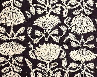 Black Off White By the Yard Floral Indian Block Print Fabric,Dressmaking Fabric,Fabric for Sewing,Curtains,Quilting Fabric,Upholstery Fabric