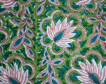 Grün-rosa bedruckter Baumwollstoff mit Blockmuster zum Nähen von Kleidern, Quilten, Polstern, Gardinen, floral bedruckter Stoff in großen Mengen