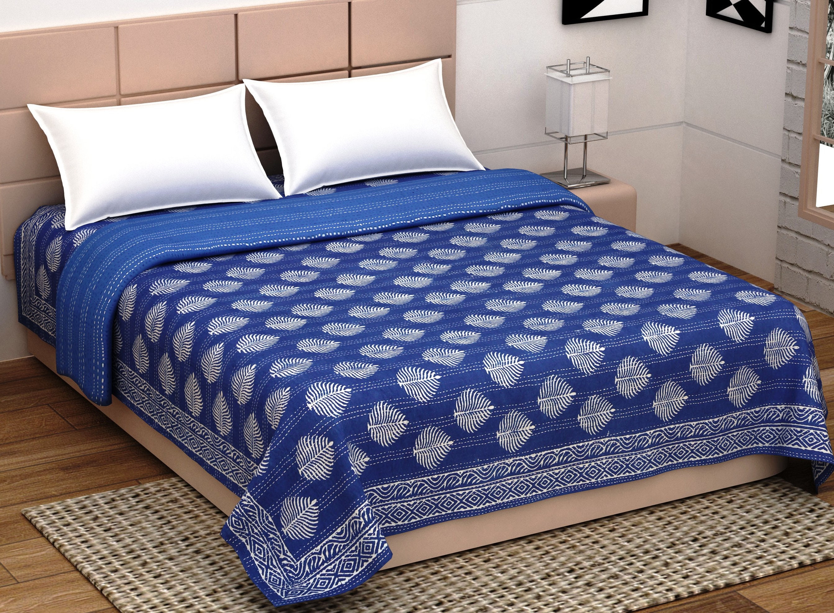Indigo Navy blue Bedspread California King Size Leaf Print Etsy