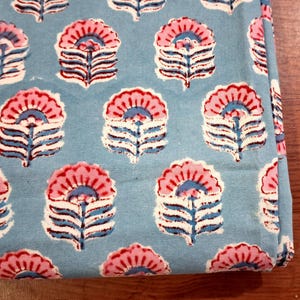 May include: Close-up of a folded fabric with a repeating floral pattern. The flowers are pink and white with blue accents, set against a light blue background. The fabric is likely cotton or linen.