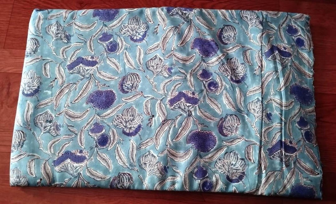 Blue Indian Rayon Block Print Fabric,floral Print Fabric,by the Yard ...