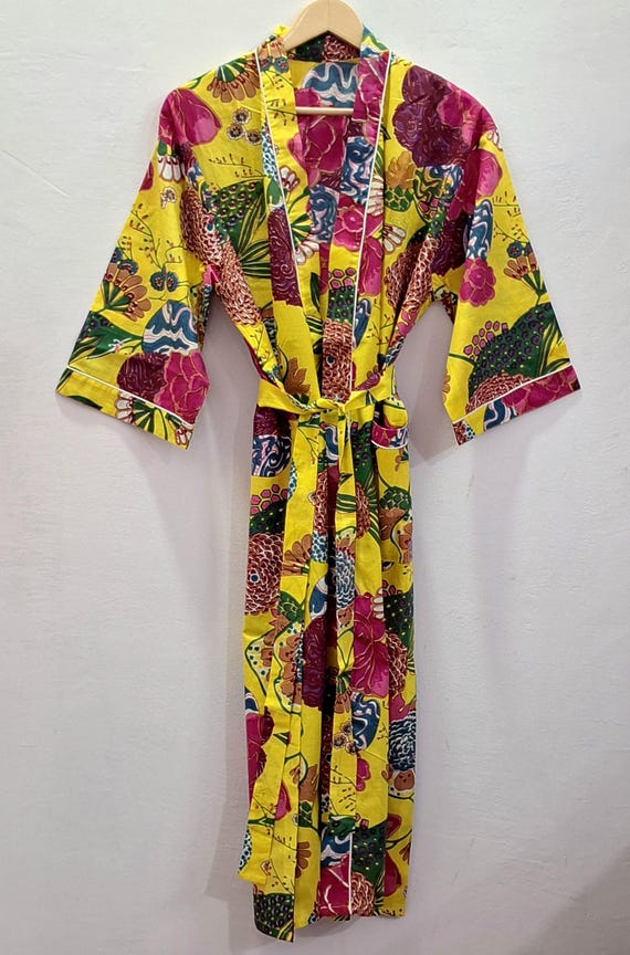 Vestaglia kimono gialla da donna, stampa a blocchi, vestaglia