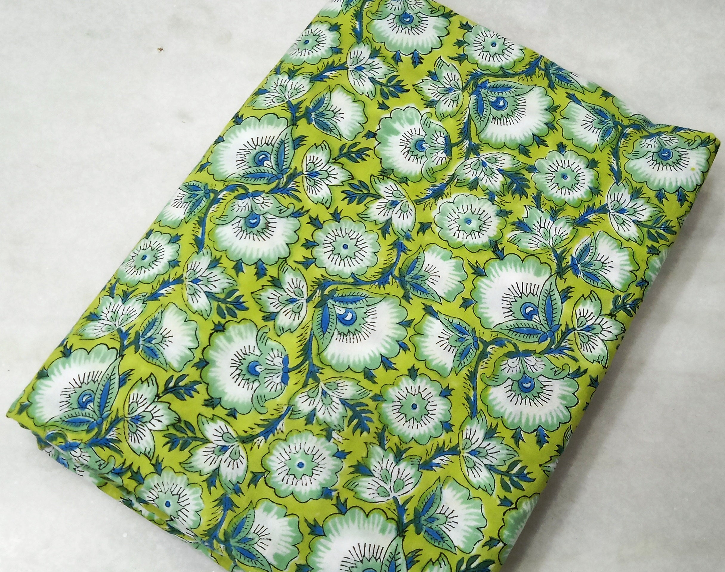 Green Floral Flower Block print fabricIndia cotton voile Etsy