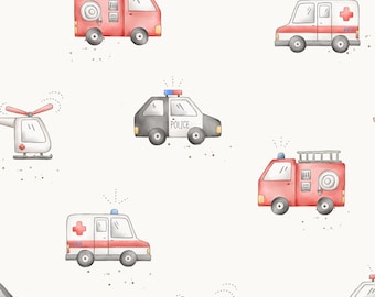 May include: A seamless pattern featuring various vehicles, including a red fire truck, a white ambulance with a red cross, a black and white police car with the word "POLICE" on the side, and a white helicopter. The vehicles are illustrated in a cartoon style with watercolor-like textures.