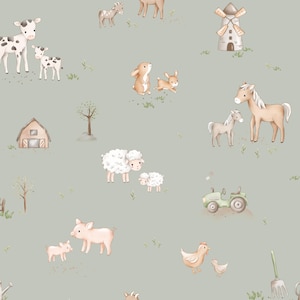 Green Farm Animal Fabric, Chicken Horse Cow Pig Fabric, Fabric by the Yard, Autumn River, Quilting Cotton, Broadcloth, Canvas, Minky, Jersey