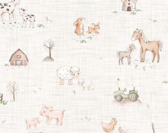 May include: A seamless pattern featuring a variety of farm animals, including cows, pigs, sheep, chickens, horses, and rabbits. The pattern is set against a light beige background with a subtle linen texture.