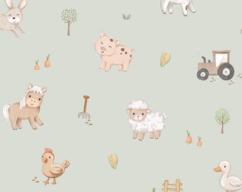 May include: A seamless pattern featuring various farm animals, including a pig, a cow, a sheep, a horse, a chicken, a duck, and a rabbit. The background is a light green color, and the animals are drawn in a cartoon style. There are also some farm-related objects in the pattern, such as a tractor, a fence, and a barn.
