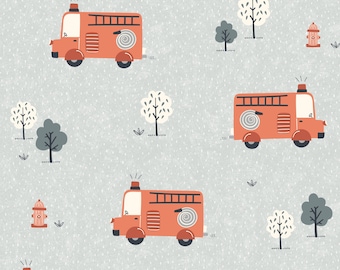 May include: A seamless pattern featuring red fire trucks with ladders and hoses, gray fire hydrants, and gray and white trees on a light gray background.