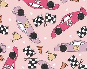 Pink Racecar Fabric, Girl Racing Fabric, Fabric by the Yard, Vehicle Fabric, Brittany Frost, Quilting Cotton, Canvas, Minky, Knit Fabrics