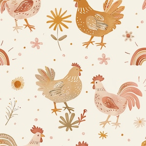 Cream Chicken Fabric, Boho Chicken Fabric, Fabric by the Yard, Tori Egeler, Farm Animal Fabric, Quilting Cotton, Canvas, Sateen, Knit Fabric