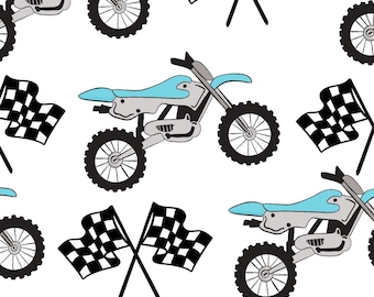 Blau Dirt Bike Stoff, Motocross Stoff, Motorrad Stoff, Meterware, Quilting Baumwolle, Leinwand, Minky, Feincord, Spandex, Jersey