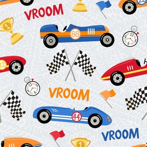 Raceautostof, op maat gesneden stof, voertuigstof, retro racen, papier Lily Girl, quiltkatoen, boardshort, gebreide stof, gebreide stof