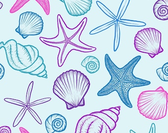 Blue Purple Seashell Fabric, Summer Fabric, Fabric by the Yard, Angelina Maria, Swim Fabric, Boardshort, Quilting Cotton, Knit Fabrics