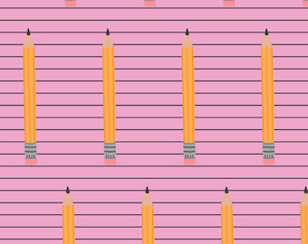 May include: A seamless pattern of yellow pencils on a pink background with black horizontal lines. The pencils are all the same size and are arranged in a repeating pattern.