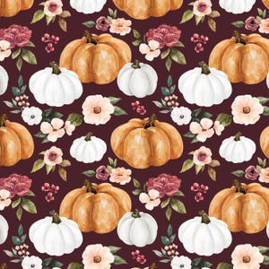 Burgundy Pumpkin Floral Fabric, Fabric by the Yard, Fall Fabric, Cate and Rainn, Quilting Cotton, Canvas, Broadcloth, Minky, Knit Fabrics