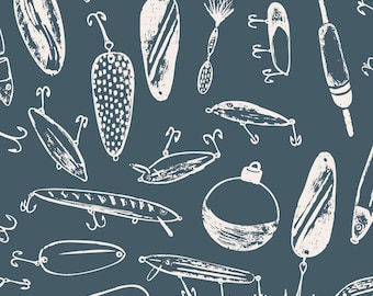 May include: A seamless pattern of white fishing lures on a dark blue background. The lures are drawn in a hand-drawn style and include various shapes and sizes.