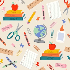 School Supply Fabric, Back to School Fabric, Fabric by the Yard, Lily Girl Paper, Quilting Cotton, Canvas, Knit Fabric, Jersey, Minky