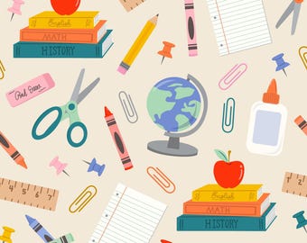 May include: A repeating pattern of school items including books labelled "English," "Math," and "History," a globe, pencils, crayons, scissors, paperclips, and a red apple. The background is a pale beige colour.