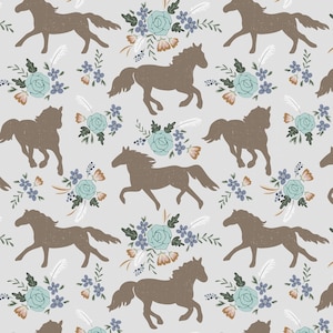 Horse Floral Fabric, Running Horse Fabric, Fabric by the Yard, Krystal Winn, Quilting Cotton, Broadcloth, Canvas, Sateen, Minky, Knit Fabric