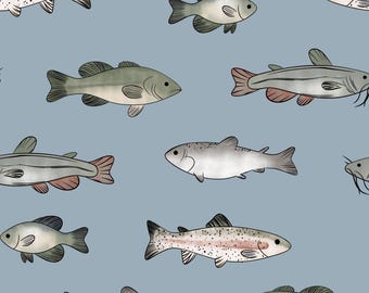 Blå sjöfisktyg, fisketyg, tyg på metervara, av design, quiltningsbomull, kläde, kanvas, minky, stickade tyger, spandex