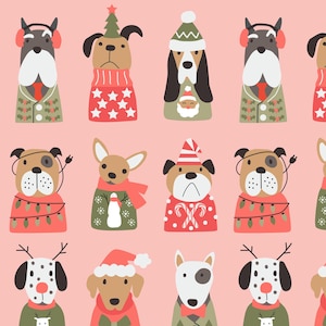 Pups in Sweaters Fabric, Christmas Dog Fabric, Fabric by the Yard, Quilting Cotton, French Terry, Jersey, Bamboo, Canvas, Spandex