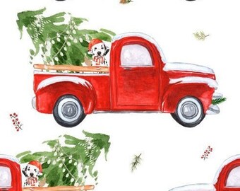 Red Christmas Truck Fabric, Dog Fabric, Christmas Tree Fabric, Fabric by the Yard, Quilting Cotton, Broadcloth, Sateen, Canvas, Minky