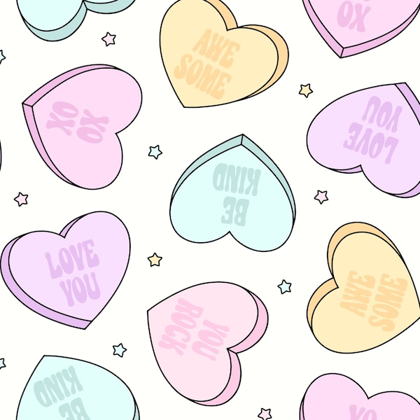 Pastel Candy Heart Fabric, Valentine's Day Fabric, Fabric by the Yard, Julie Storie, Quilting Cotton, Knit Fabric, Spandex, Sateen, Bamboo