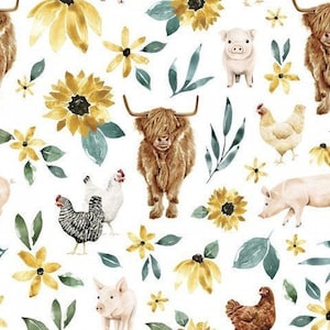 Sunflower Farm Animal Fabric, Fabric by the Yard, Cate and Rainn, Highland Cow, Quilting Cotton, Cotton Spandex, Sateen, Bamboo, Canvas