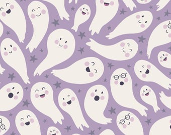 Pode incluir: Um padrão repetitivo de fantasmas brancos sorrindo com bochechas rosadas e várias expressões em um fundo lilás. Pequenas estrelas cinzentas estão espalhadas por todo o design. Alguns fantasmas usam óculos.