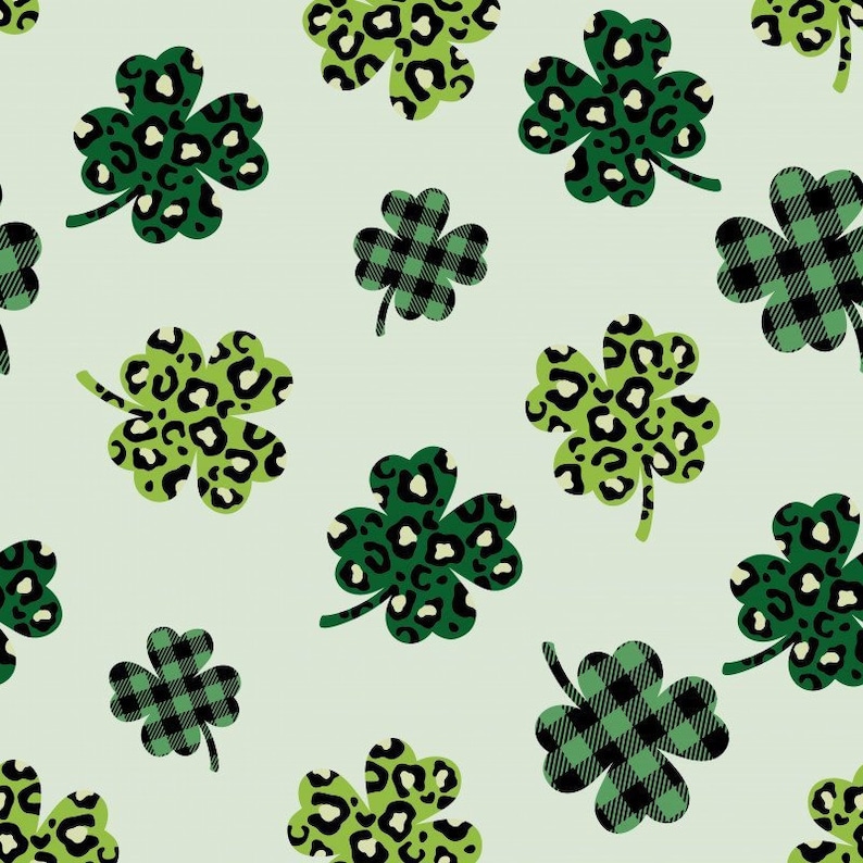 May include: A seamless pattern featuring green four-leaf clovers with different designs. Some clovers have a leopard print, others have a plaid pattern, and some are solid green.