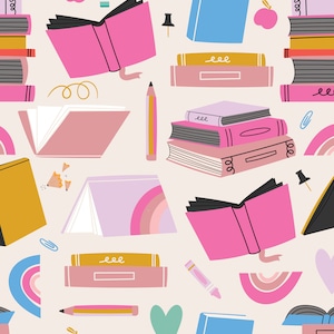 Pink Book Fabric, Library Fabric, Fabric by the Yard, Back to School Fabric, Chelsea Benefield, Quilting Cotton, Sateen, Broadcloth, canvas