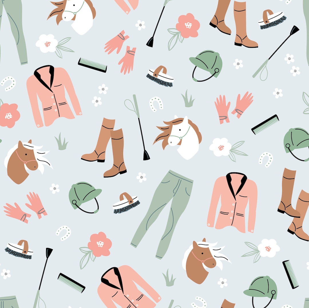 Horseback Riding Fabric, Fabric by the Yard, Blue Horse Fabric, Little