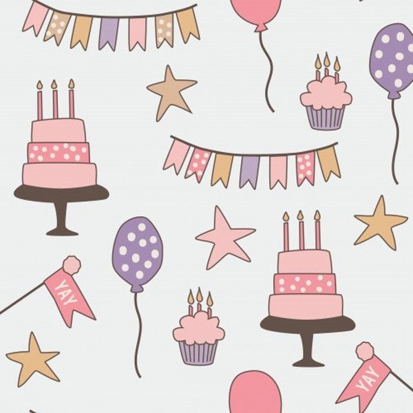 Birthday Party Pastel Fabric, Fabric By the Yard, Birthday Cake Fabric, Quilting Cotton, Fat Quarter, Bamboo, Canvas, Cotton Spandex, Jersey