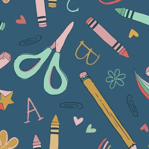 Back to School Fabric, School Supply Fabric, Fabric by the Yard, Juniper Row, Quilting Cotton, Jersey, Sateen, Broadcloth, Minky, Canvas