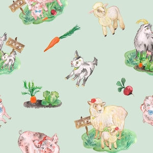 Green Farm Animal Fabric, Fabric by the Yard, Tori Egeler, Quilting Cotton, Knit Fabric, Canvas, Fat Quarter, Spandex, Jersey