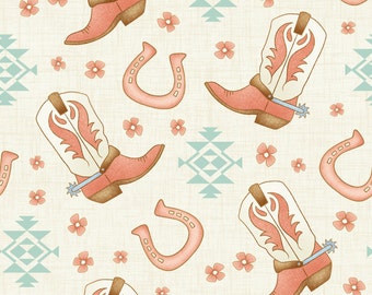 Pink Cowgirl Boot Horseshoe Fabric, Western Fabric Design, Fabric by the Yard, Krystal Winn, Quilting Cotton, Canvas, Knit Fabric, Sateen