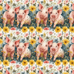 Floral Pig Fabric, Fabric by the yard, Farm Animal Fabric, Tori Egeler, Quilting Cotton, Knit Fabric, Canvas, Broadcloth, Bamboo, Sateen