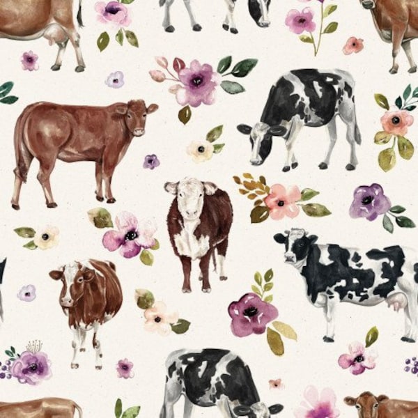 Cow Floral Fabric, Fabric by the Yard, Cate and Rainn, Autumn Amethyst, Quilting Cotton, Spandex, Sateen, Bamboo, Ribbed Knit, Canvas