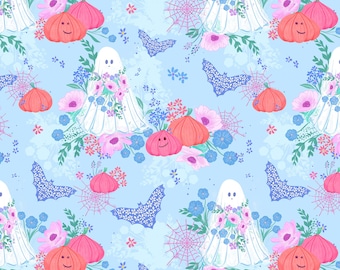Ghost Floral Fabric, Halloween Fabric, Fabric by the Yard, Floral Sky Design, Quilting Cotton, Broadcloth, Canvas, Minky, Sateen, Spandex
