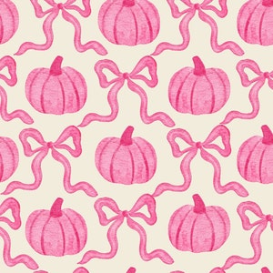 Pink Pumpkin Bows Fabric, Fall Fabric, Fabric by the Yard, Halloween Fabric, Vivie & Ash, Quilting Cotton, Broadcloth, Canvas, Knit Fabric