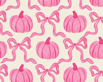 Pink Pumpkin Bows Fabric, Fall Fabric, Fabric by the Yard, Halloween Fabric, Vivie & Ash, Quilting Cotton, Broadcloth, Canvas, Knit Fabric