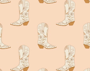 Peach Cowgirl Boot Fabric, Western Fabric Design, Fabric by the Yard, Samantha Jane Studios, Quilting Cotton, Canvas, Knit Fabric, Sateen