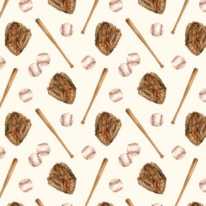 Cream Baseball Fabric, Fabric by the Yard, Sports Fabric, Baseball Glove and Ball, Cate & Rainn, Quilting Cotton, Knit Fabric, Canvas,Jersey